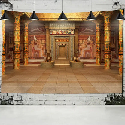 Bohemian egyptian building tapestry wall hanging featuring ornate columns hieroglyphic murals and golden statues for bedroom decor