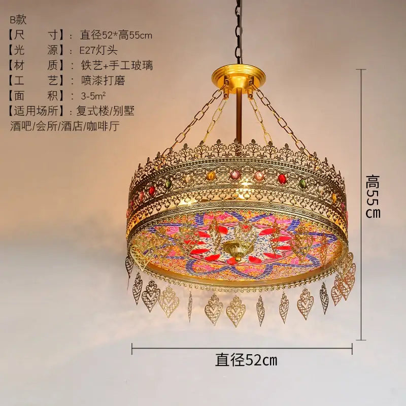 Gold-toned ornate decorbites bohemian exotic pendant lights with stained glass and heart-shaped charms for dining room decor