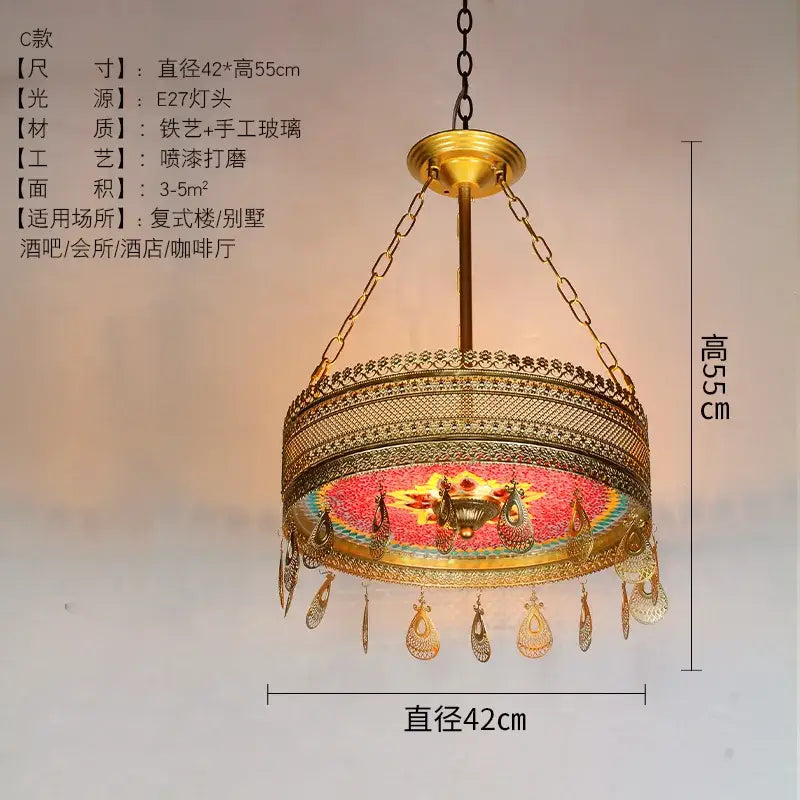 Gold-toned decorbites bohemian exotic stained glass pendant lights with mosaic pink gold panel and teardrop pendants