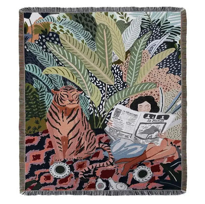 Bohemian throw blanket with vibrant woman and tiger illustration, fringed edges, multicolored floral celestial design decorbites throw blanket