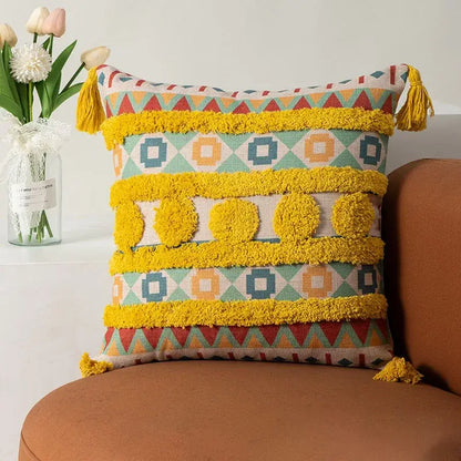 Bohemian floral throw pillow cover with vibrant geometric pattern bold yellow tassels and textured pom-poms decorbites bohemian floral