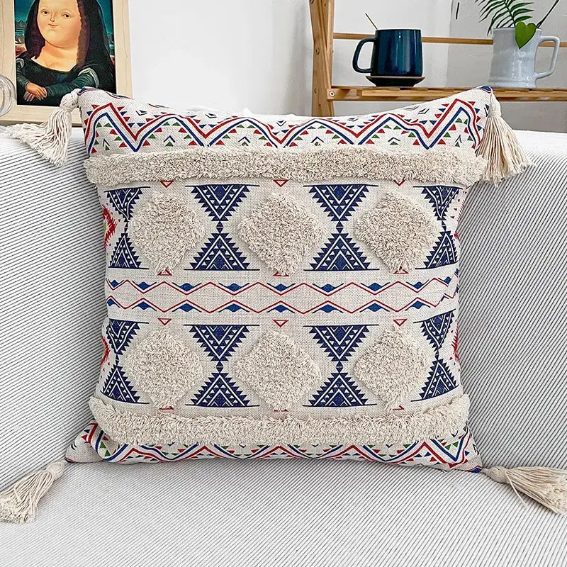 Beige and navy blue geometric patterned pillow cover with textured tassels for decorbites bohemian floral throw decor