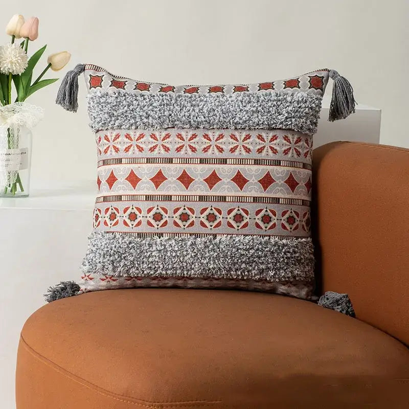 Cozy rectangular bohemian floral throw pillow cover with red gray geometric patterns and tassels for living room decorbites decor