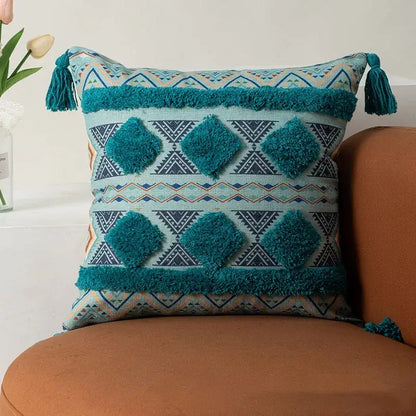 Teal and beige geometric-patterned bohemian floral throw pillow cover with fluffy tassels for living room decorbites bohemian floral