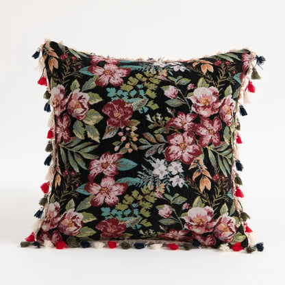 Black tapestry bohemian flower cushion cover with embroidered pink red white flowers and colorful tassels for living room decorbites