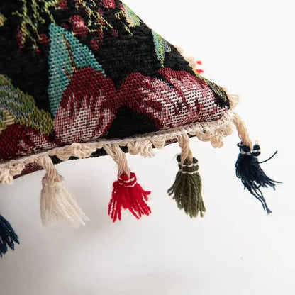 Decorbites bohemian flower black cushion cover with embroidered red teal green floral patterns and multicolored tassels fringe