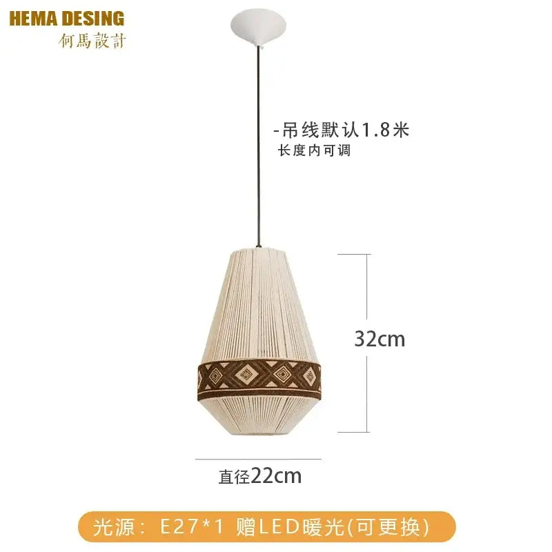 Beige woven bohemian fringe pendant lamp with brown geometric band and adjustable cord for dining room lighting
