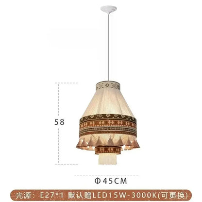 Beige and brown patterned bohemian fringe pendant lamp with woven fabric shade and tassels for dining room lighting