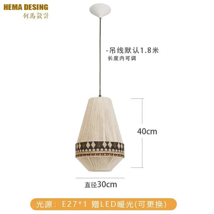 Cream-colored woven bohemian fringe pendant lamp with geometric band and adjustable cord for dining room lighting
