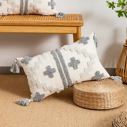 Cream-colored cushion cover with textured gray geometric tufted embroidery and tassels for living room decorbites pillow cover