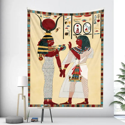 Cream-colored egyptian mural tapestry featuring two stylized figures in traditional attire with intricate hieroglyphics