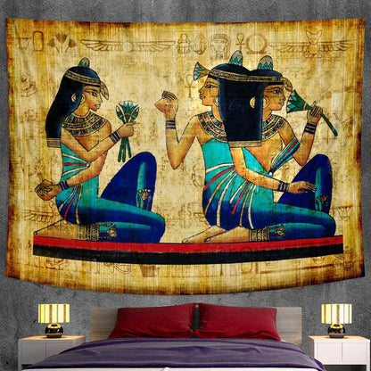 Bohemian gold and red egyptian mural tapestry featuring two women in turquoise and blue traditional attire on beige background