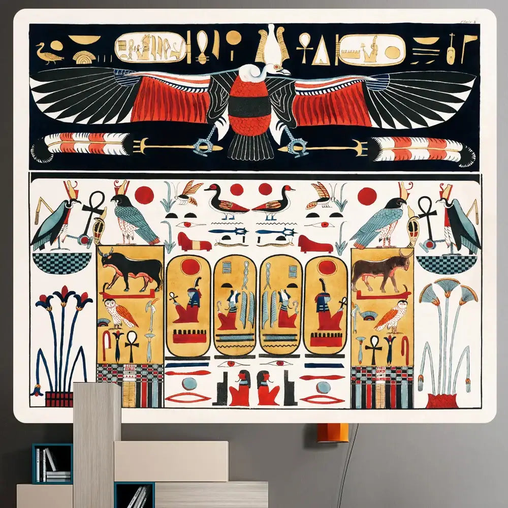 A vibrant bohemian gold and red egyptian mural tapestry featuring a winged scarab on a dark background for yoga