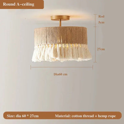 Round ceiling-mounted pendant light with beige bohemian hemp rope shade and white tassels by decorbites bohemian hemp