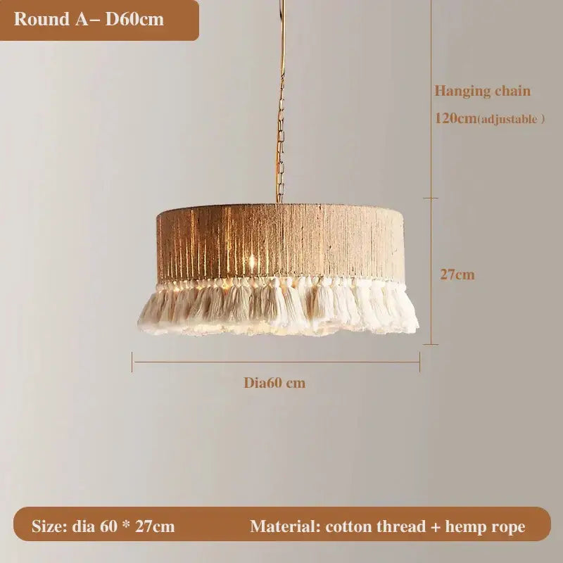 Bohemian hemp rope pendant light with beige cream cotton thread tassels 60cm diameter for dining room decorbites