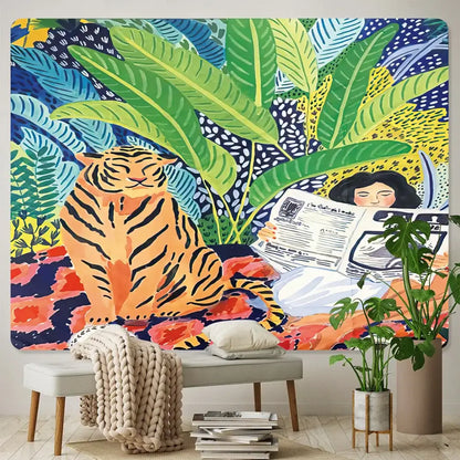 Vibrant bohemian home art tapestry featuring an orange tiger with black stripes and lush green foliage decorbites bohemian home