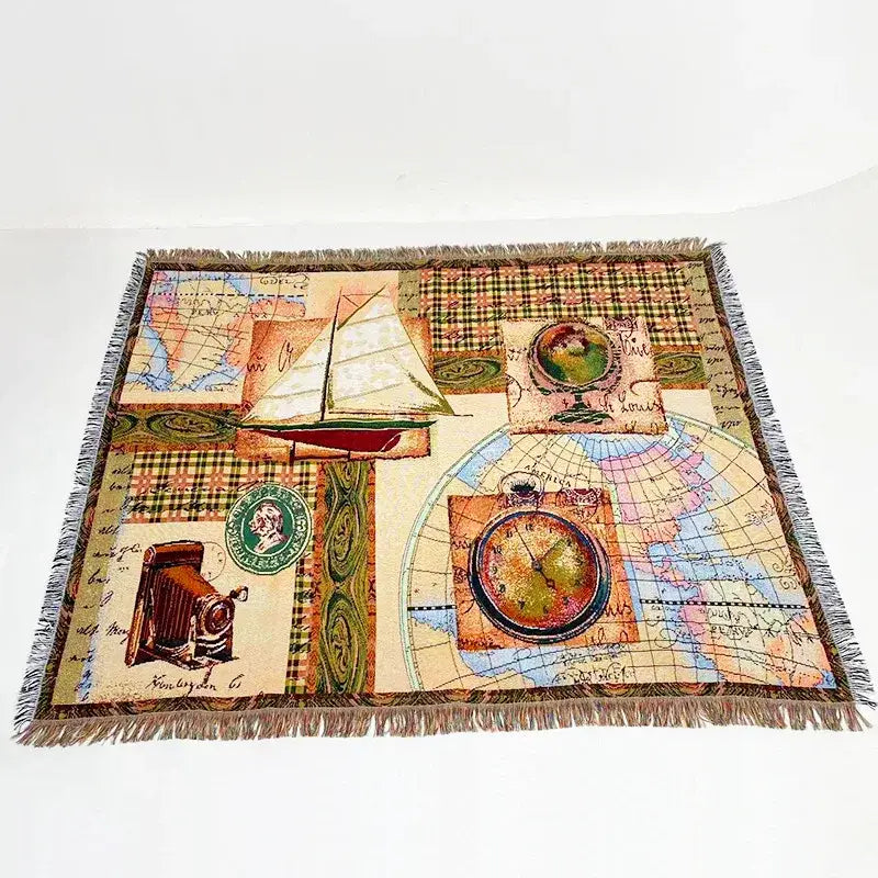 Bohemian jacquard sofa blanket featuring vintage woven patchwork with maps and nautical elements in earthy tones