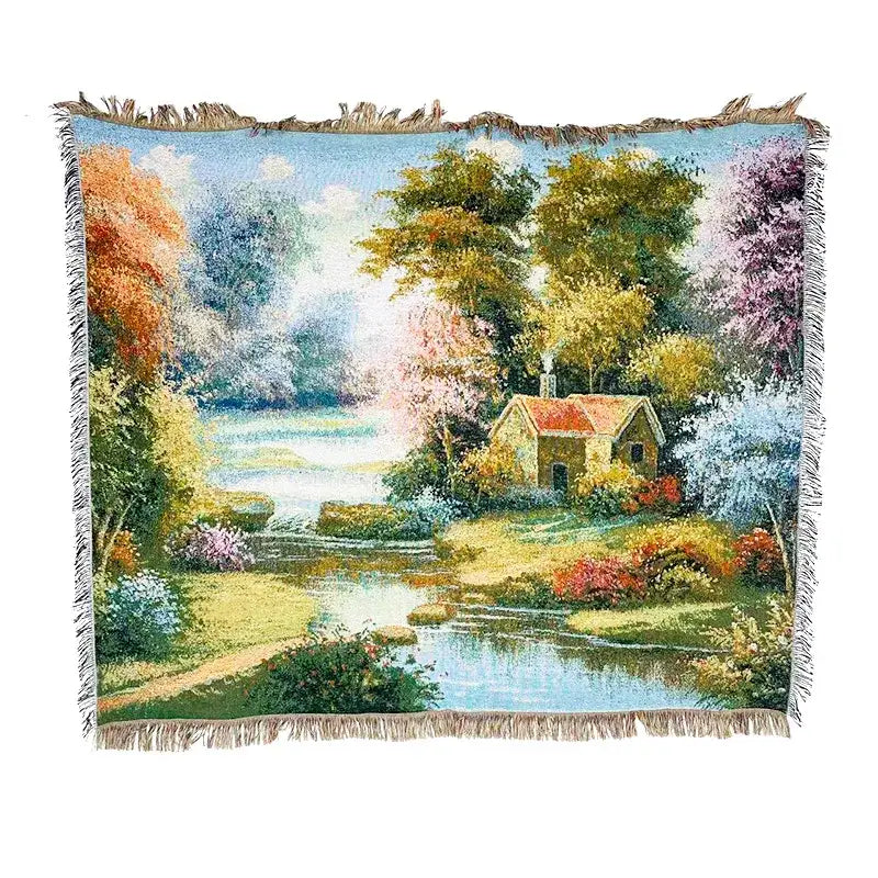 Bohemian jacquard sofa blanket with a woven pastoral autumn scene of yellow house orange trees and blue river in living room