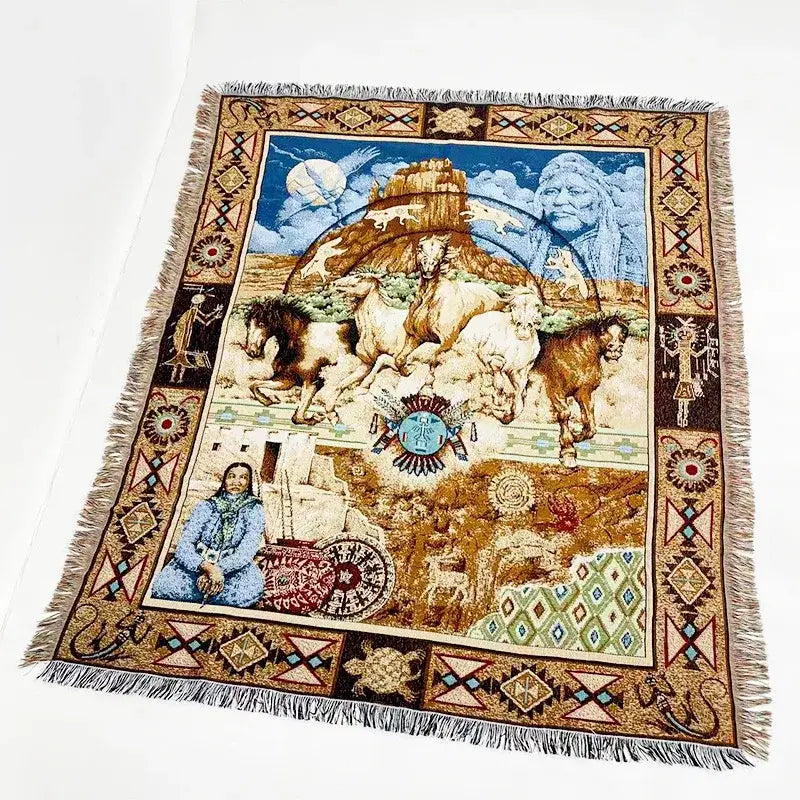 Bohemian jacquard sofa blanket with native american scene woven in earthy brown blue beige and green tones for living room