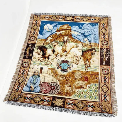 Bohemian jacquard sofa blanket with native american scene woven in earthy brown blue beige and green tones for living room