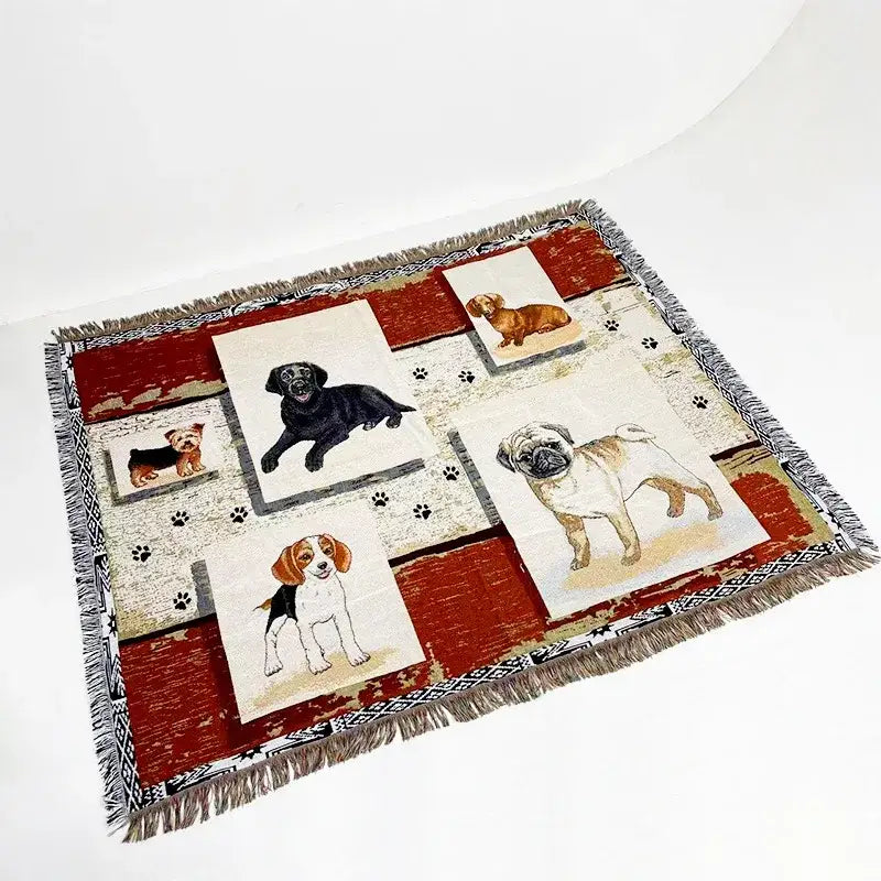 Bohemian jacquard sofa blanket in red and cream patchwork with fringed edges featuring embroidered dog breeds for living room use