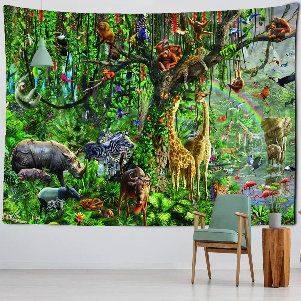 Bohemian jungle animal tapestry wall hanging featuring colorful giraffes zebras and monkeys for children room decorbites jungle animal decor