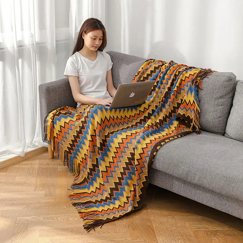 Vibrant decorbites bohemian knit tassel blanket with multicolored zigzag pattern and fringed edges for bedroom decor