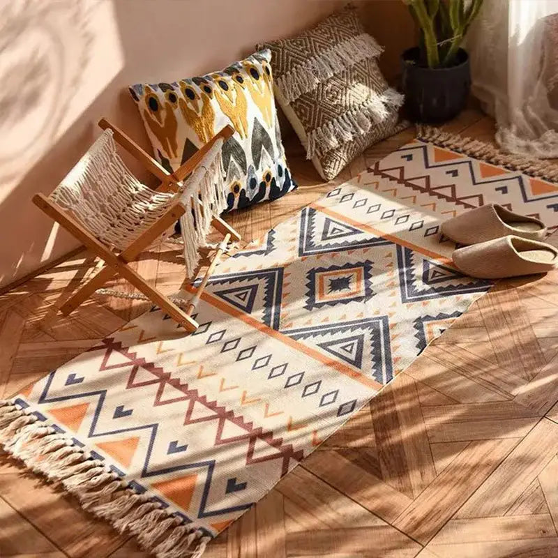 Beige cream bohemian linen plaid cotton weave rug with navy and terracotta geometric patterns for living room runner