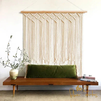 Beige decorbites bohemian macrame curtain tapestry with wooden top bar and intricate diamond-patterned knots for wall decor