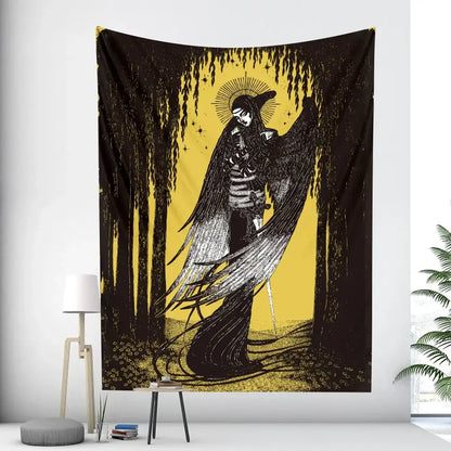 Black and yellow bohemian moon tarot tapestry with skeletal winged figure and sword against weeping willows decorbites bohemian moon