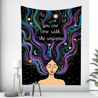 A bohemian moon tarot tapestry featuring a woman with galaxy hair in blue and purple for bedroom wall decorbites bohemian moon