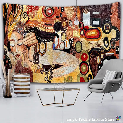 Vibrant decorbites bohemian mosaic tapestry with stylized figures in warm golds reds and earthy tones for wall decor murals