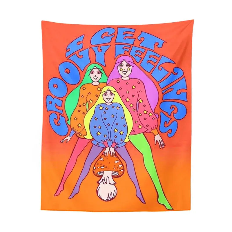 Bohemian mushroom girl tapestry in vibrant orange with colorful star sweater design for psychedelic bedroom decorbites bohemian mushroom