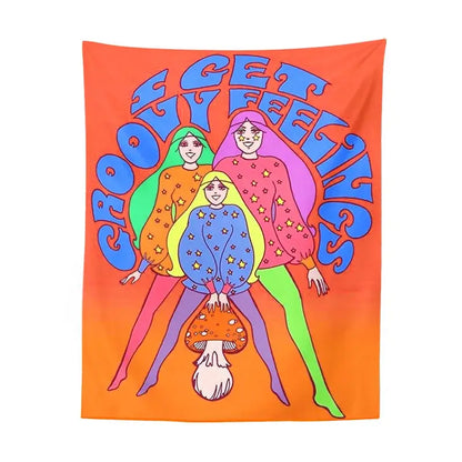Bohemian mushroom girl tapestry in vibrant orange with colorful star sweater design for psychedelic bedroom decorbites bohemian mushroom