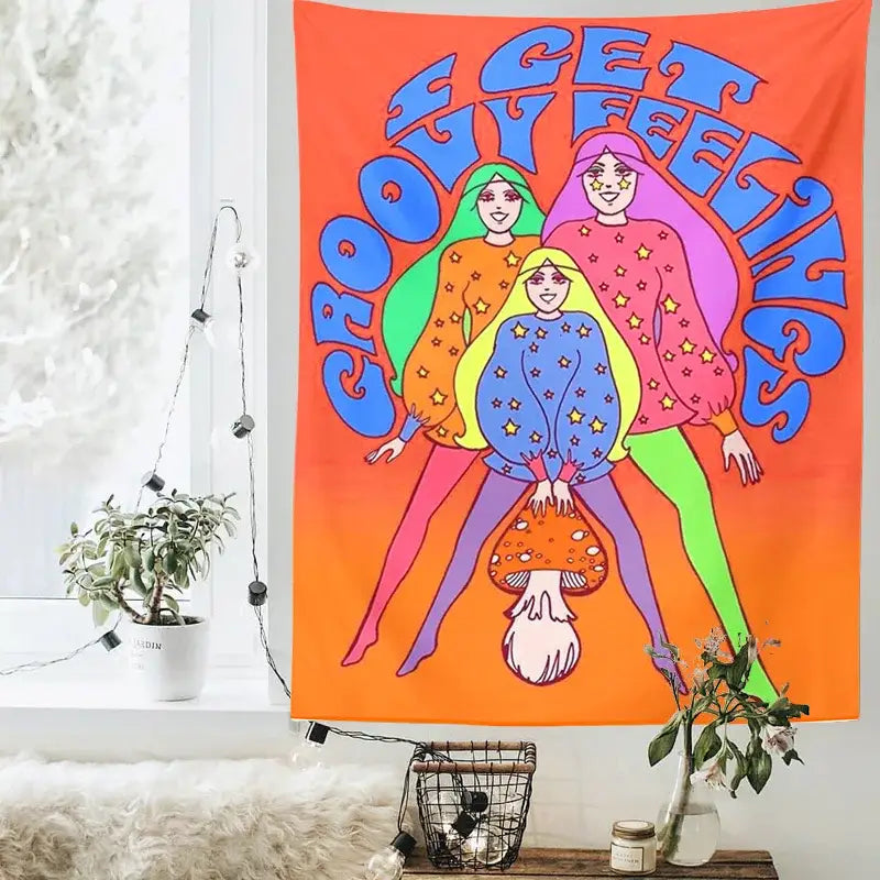 Vibrant orange decorbites bohemian mushroom tapestry with three stylized women and bold get groovy feelings text