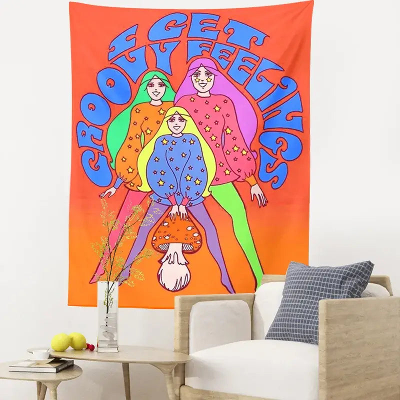 Vibrant orange bohemian mushroom girl tapestry with stylized women and bold groovy feelings text for bedroom decorbites decor