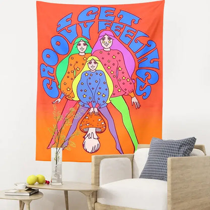 Vibrant orange bohemian mushroom girl tapestry with stylized women and bold groovy feelings text for bedroom decorbites decor