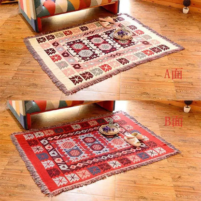 Bohemian pink and red knitted cotton throw blanket with reversible geometric pattern for bedroom decorbites decor