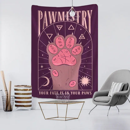 Bohemian purple cat paws tapestry with pink paw print and astrological symbols for bedroom astrology decorbites cat paws