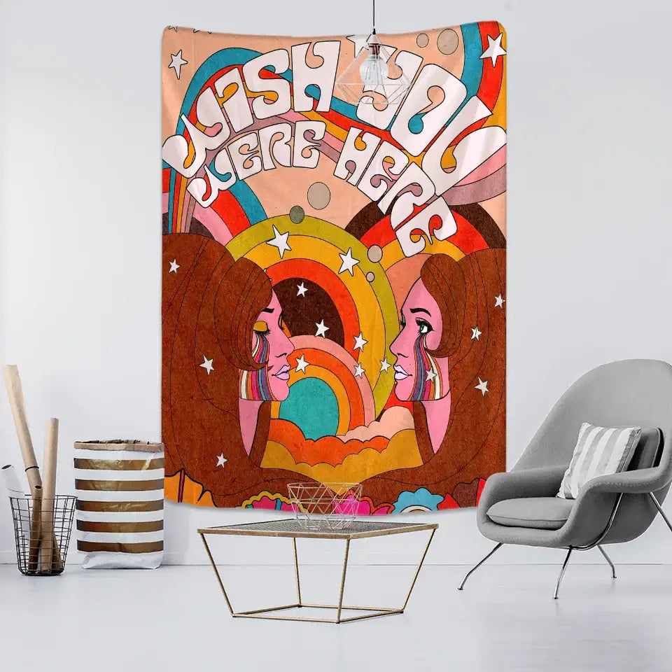 Bohemian purple cat paws tapestry with vibrant psychedelic faces and wish you were here text for bedroom decorbites cat paws decor