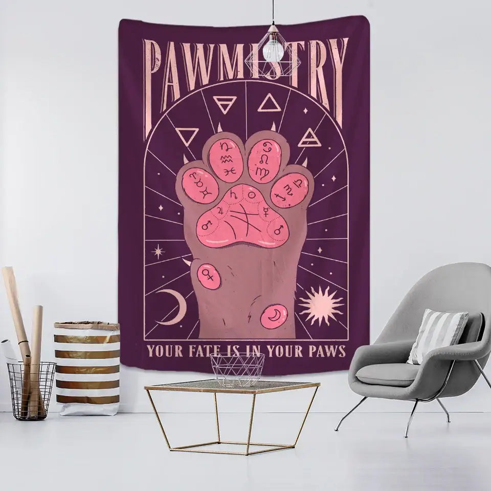 Bohemian purple cat paws tapestry with pink paw print and astrological symbols for bedroom decorbites cat paws decor