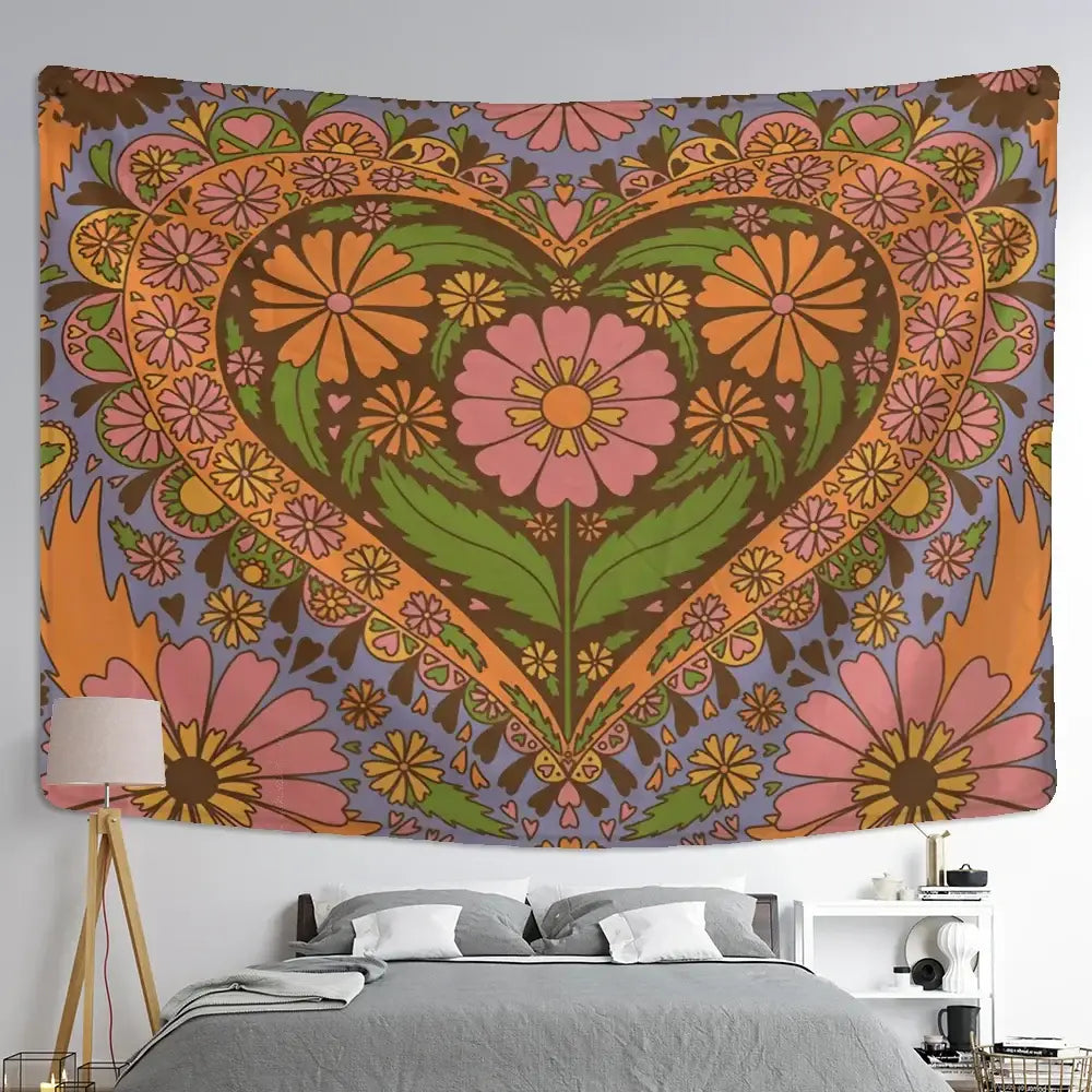 Bohemian purple cat paws tapestry with a vibrant heart and floral design on lavender for bedroom decorbites cat paws decor