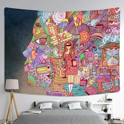 Bohemian purple cat paws tapestry featuring a colorful cartoon girl and whimsical doodles for bedroom astrology decorbites cat paws