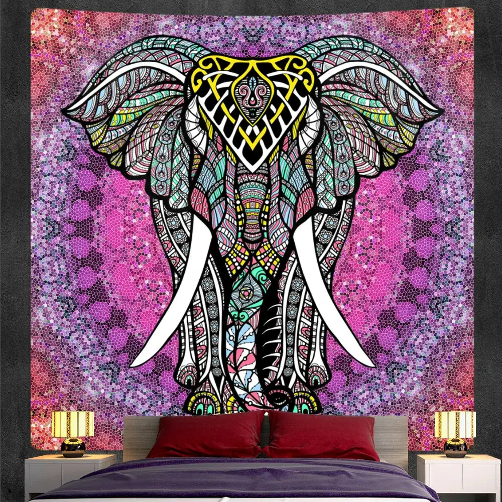 Bohemian purple and pink god mandala tapestry featuring a decorbites elephant god with ornate tribal designs for bedroom decor