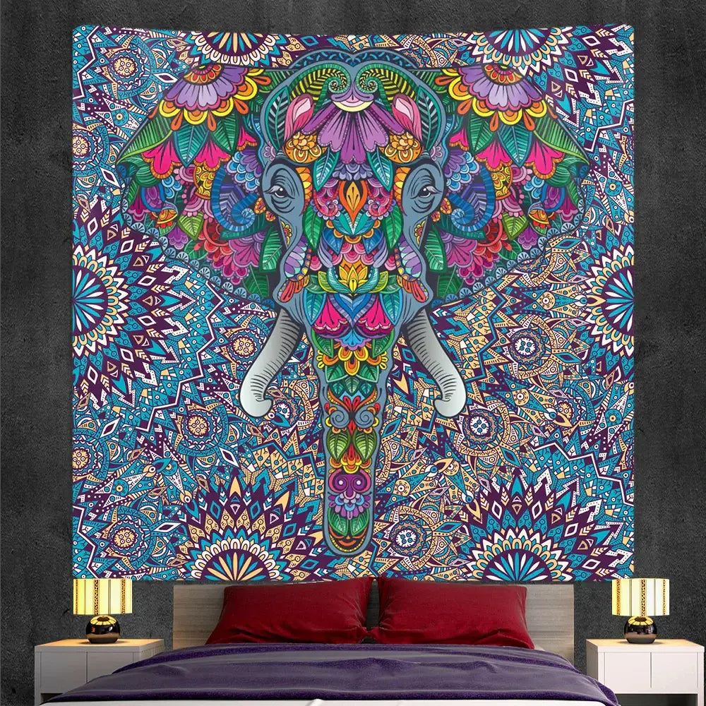 Bohemian purple and pink elephant god mandala tapestry featuring vibrant decorbites elephant god design for bedroom decor