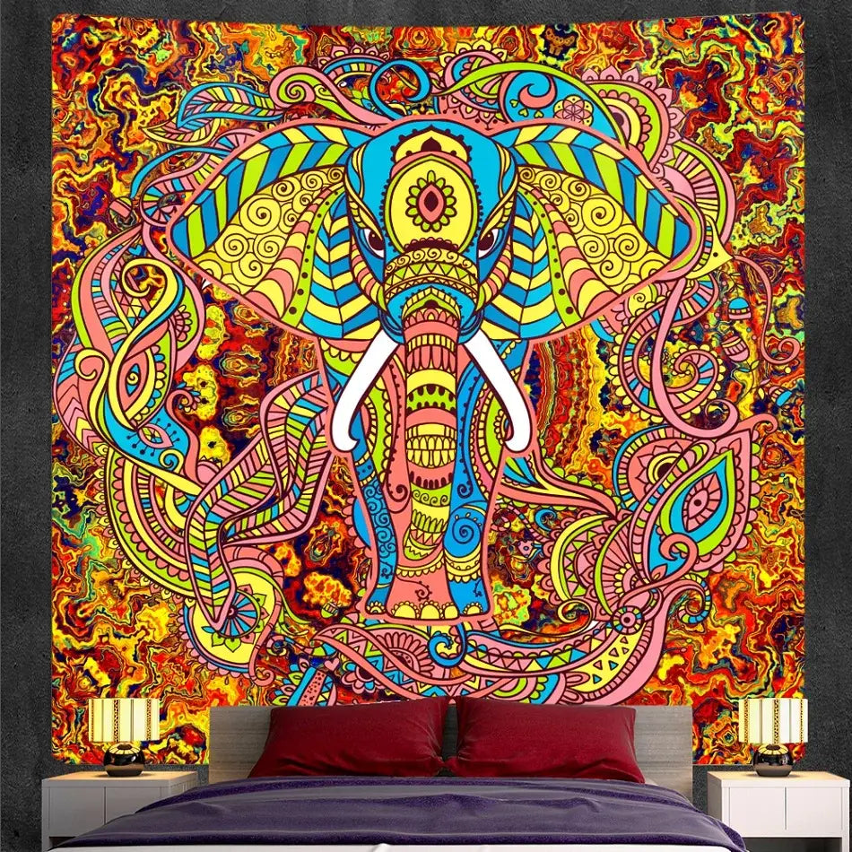 Vibrant bohemian purple and pink elephant god mandala tapestry with intricate patterns for bedroom decorbites elephant god decor