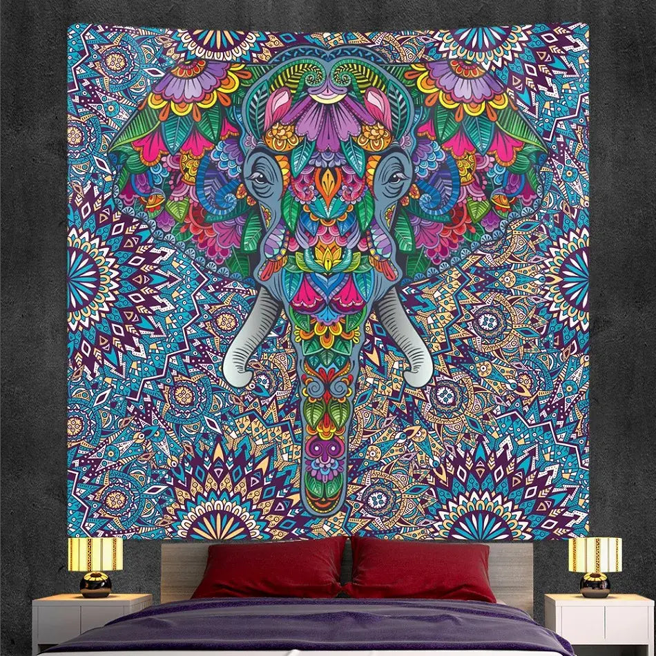 Bohemian purple and pink elephant god mandala tapestry featuring vibrant decorbites elephant god design for bedroom decor