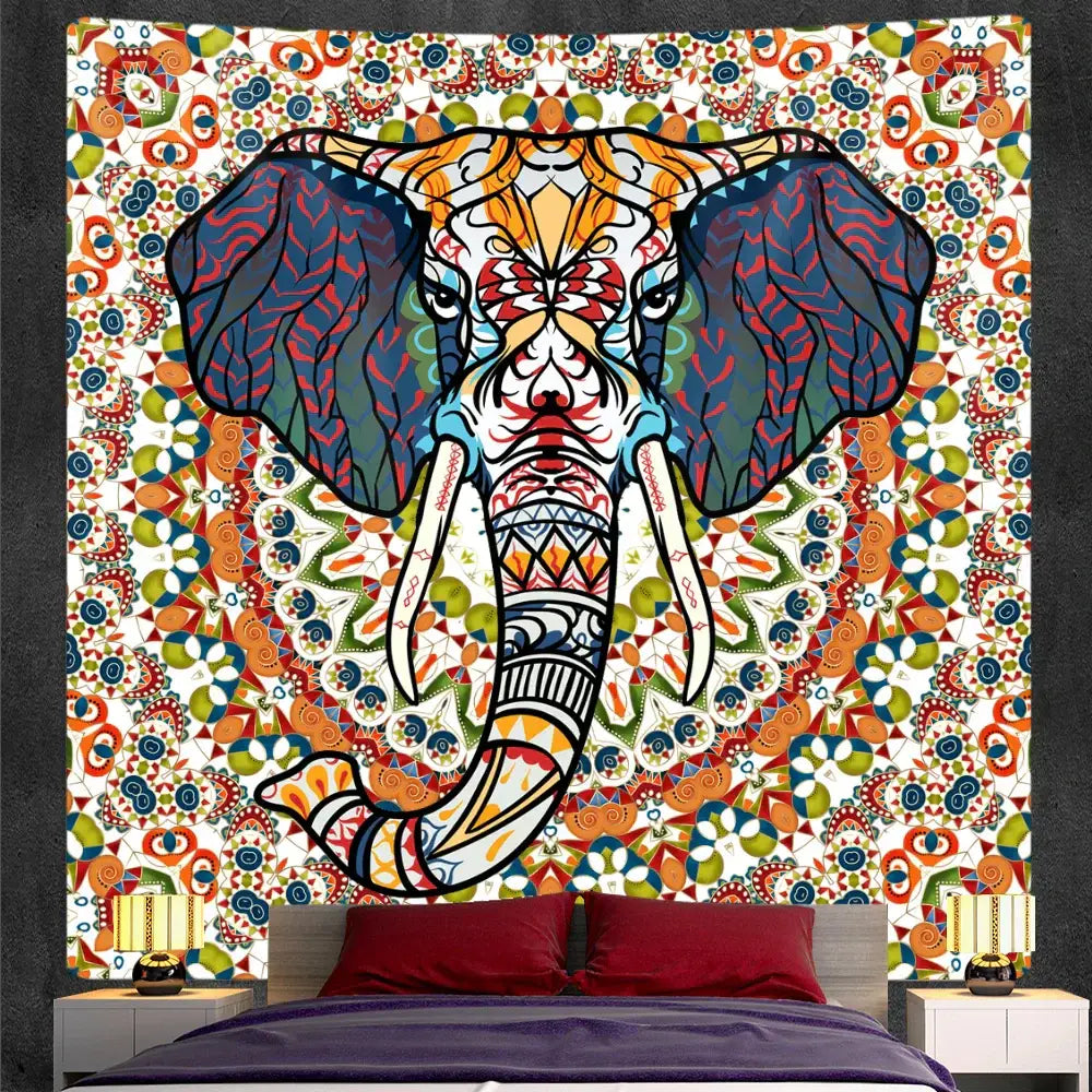 Bohemian purple and pink elephant god mandala tapestry with vibrant orange and blue decorbites elephant god design for bedroom decor