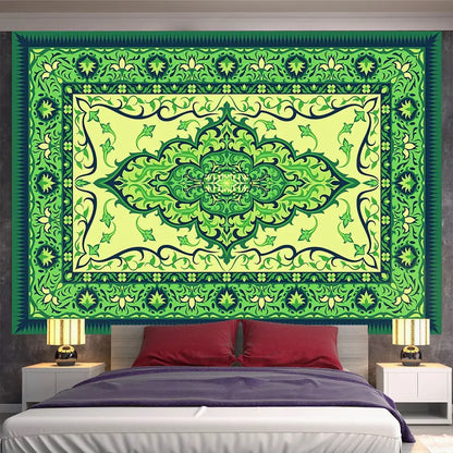 Vibrant green and lime indian mandala tapestry with intricate floral patterns hanging above bed for bedroom decorbites indian mandala decor