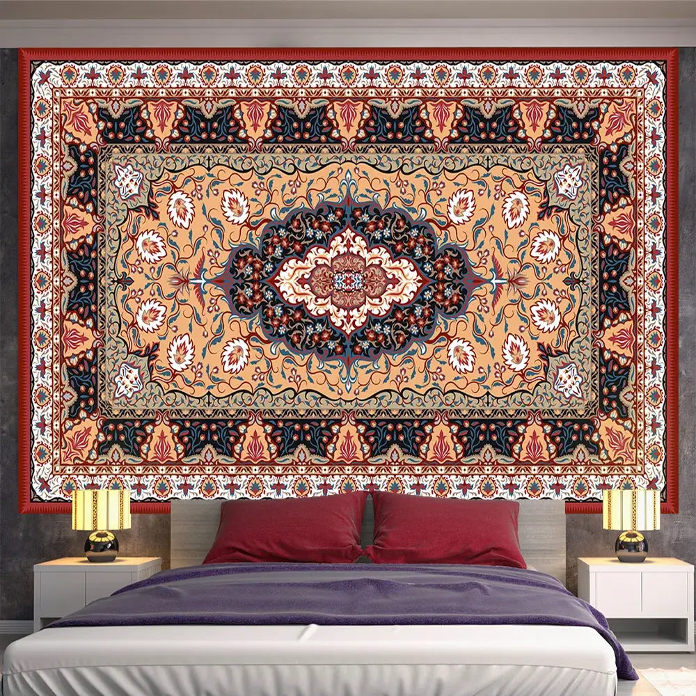 A vibrant bohemian red and gold indian mandala tapestry with a central floral medallion for bedroom decorbites decor